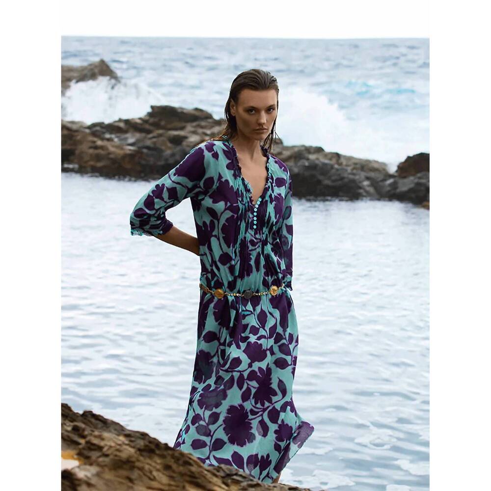 NEW ONESEASON porto vecchio long poppy dress in turquoise